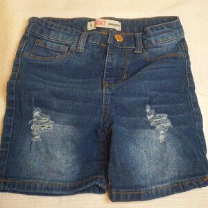 Denim diva shorts high waisted, distressed medium blue jean wash.